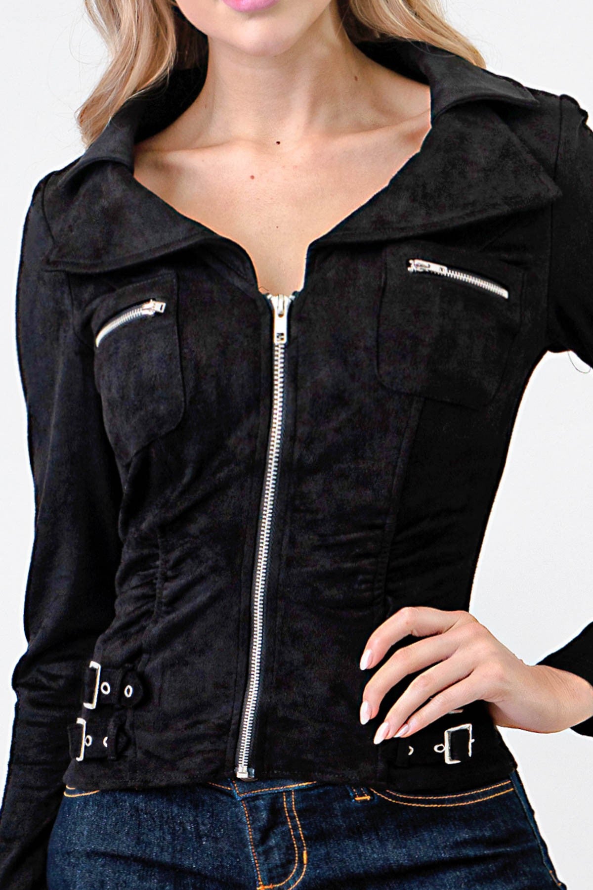 Zip-Up Pocket Suede Shirt- L3683- Black 