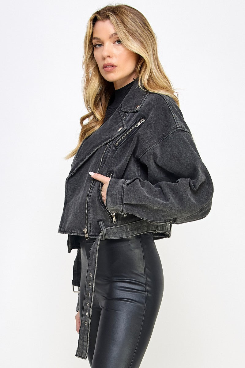 Black Denim Biker Jacket- VJ71810