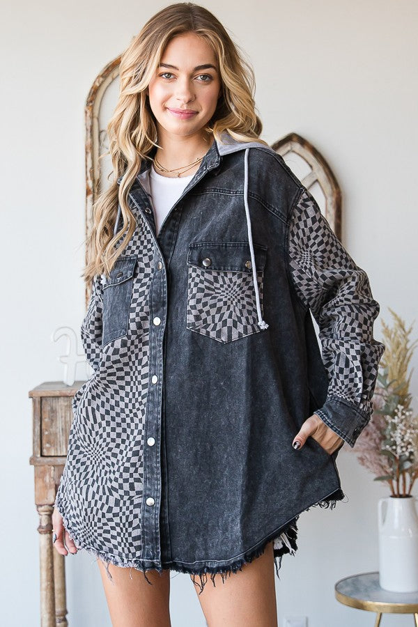 Checkered Hooded Shacket- MJ1065 - Black 