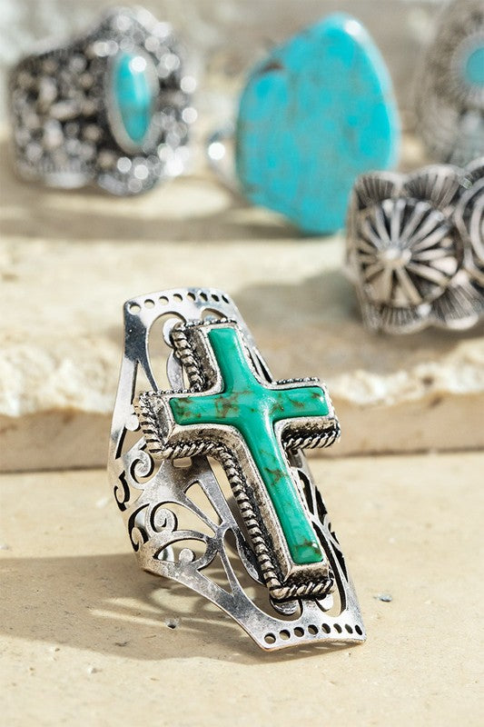 Turquoise Cross Extra Long Cuff Ring