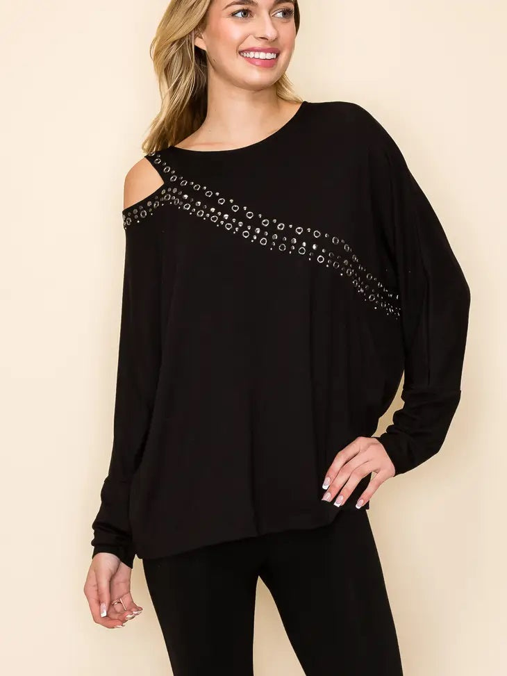 Asymmetrical Open Shoulder Top with Eyelet 