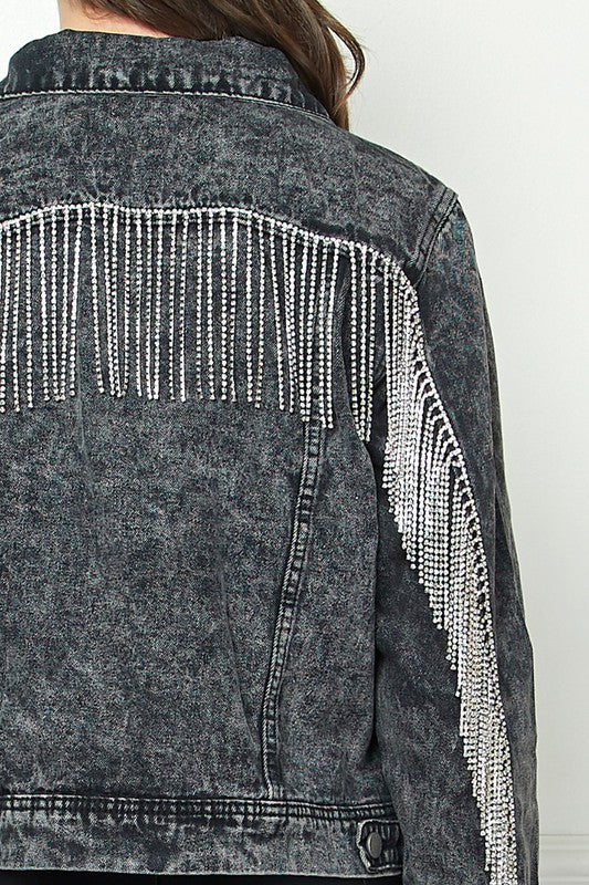 Black Denim Jacket with Crystal Fringe 