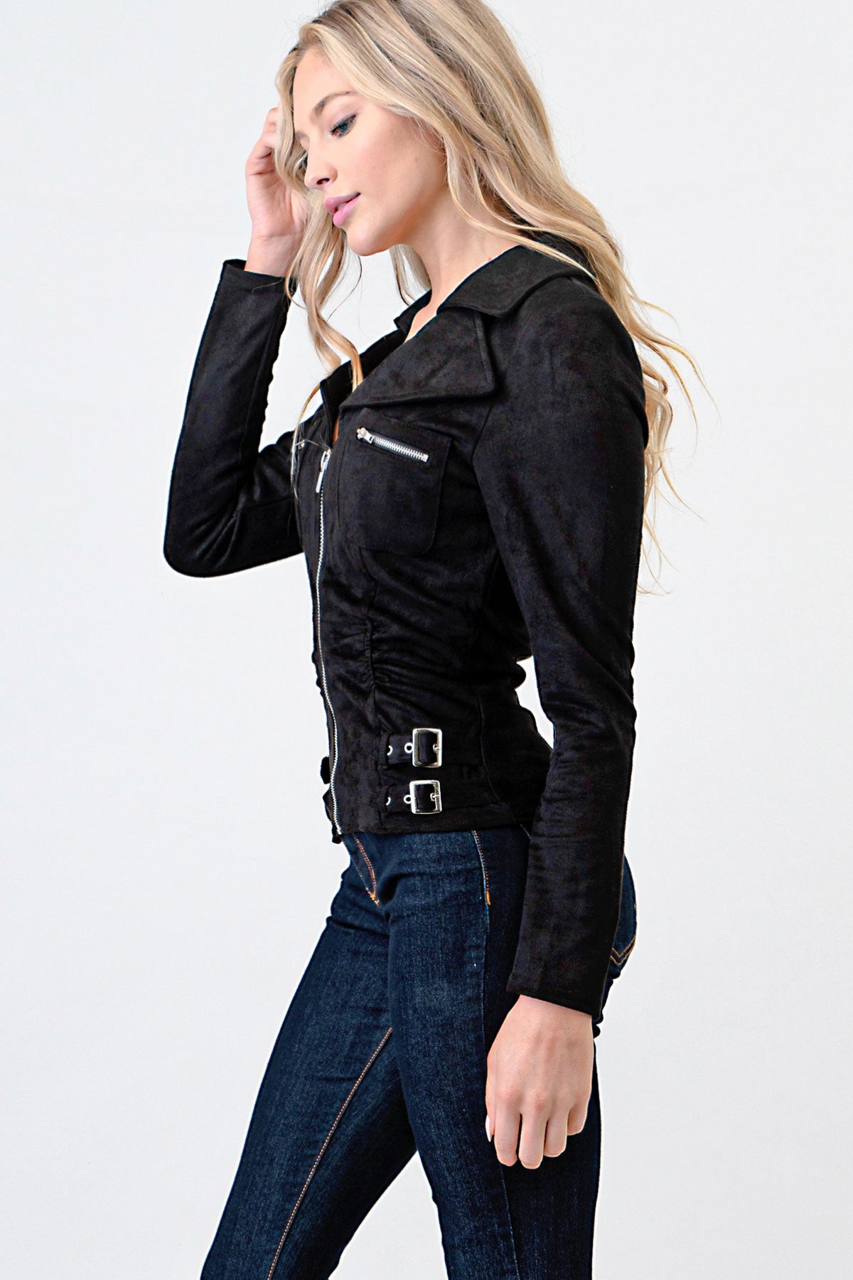 Zip-Up Pocket Suede Shirt- L3683- Black 