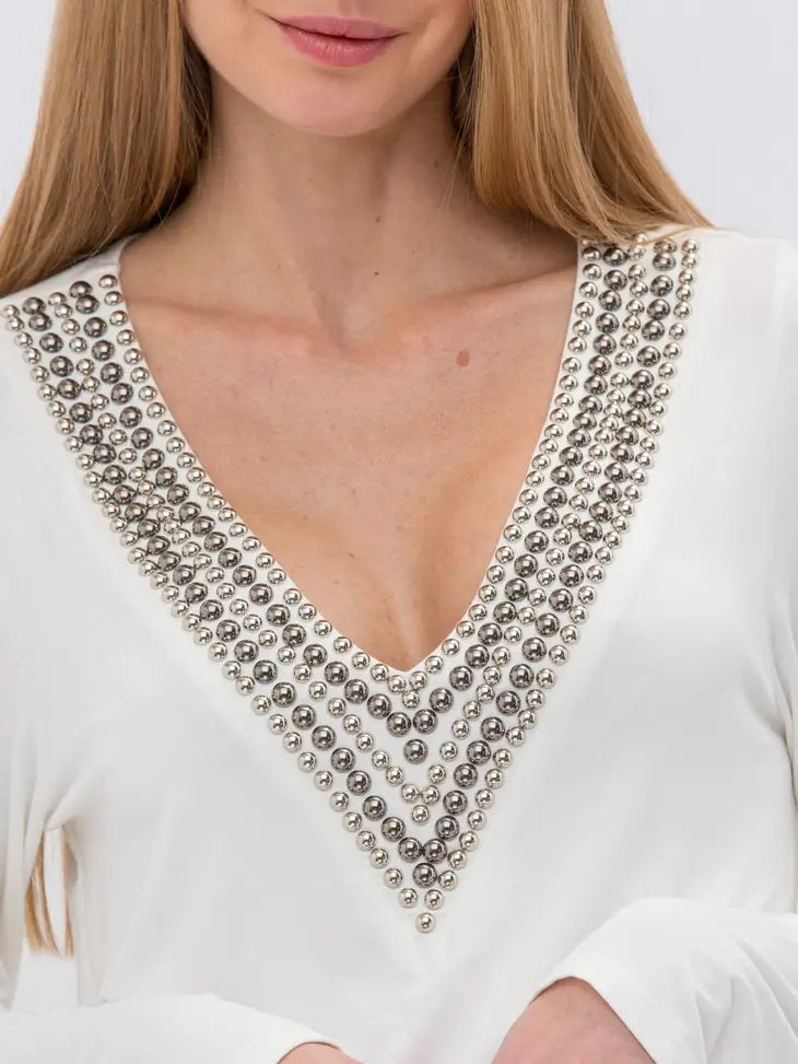 Bejeweled V-Neck Long Sleeve - White 