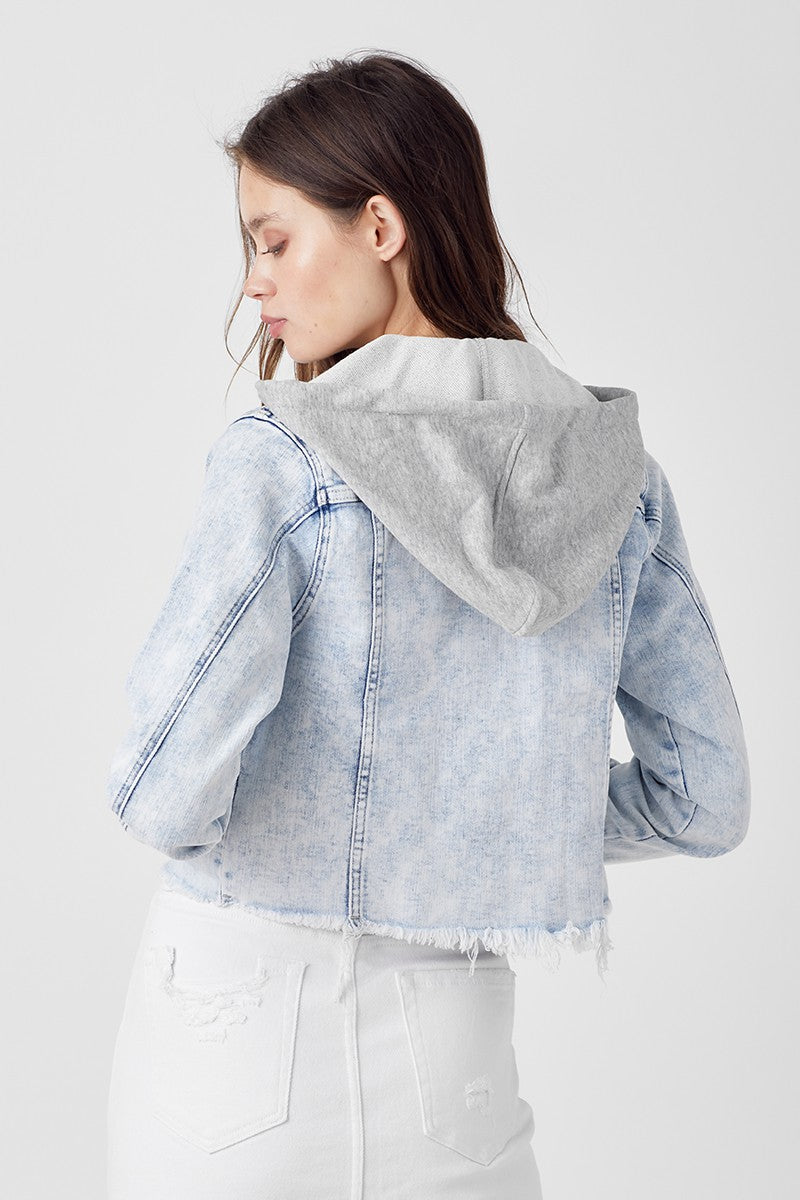 Plus Distressed Denim Jacket with Removeable Hood - XRDJ1109- Light Wash