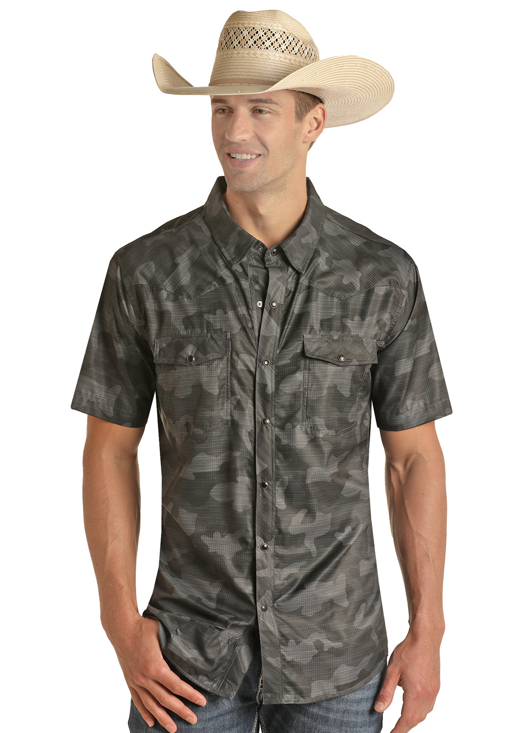 TekWestern Grey Camo Pearl Snap SS 