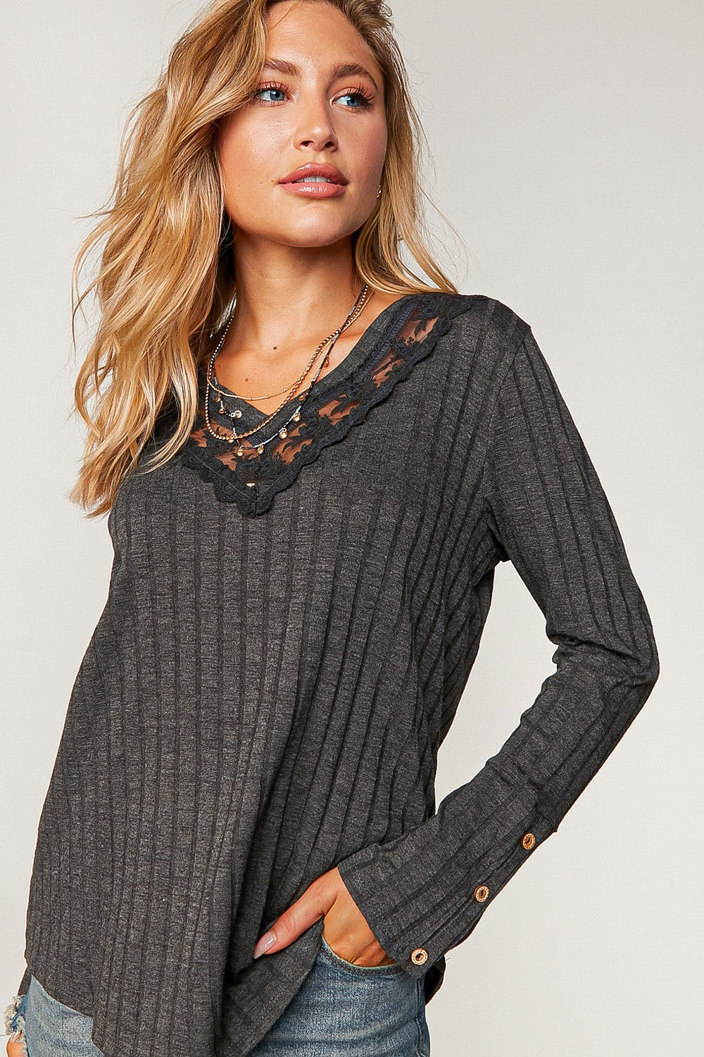 PLUS- Ribbed V-Neck with Lace Trim Neck- Charcoal- 