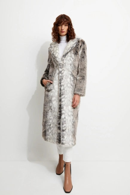 Kathmandu Luxe Faux Fur Trench Coat - Snow Leopard