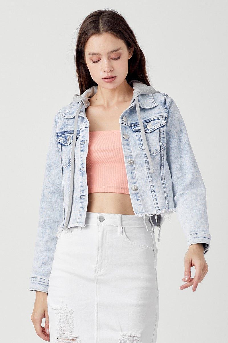 Plus Distressed Denim Jacket with Removeable Hood - XRDJ1109- Light Wash