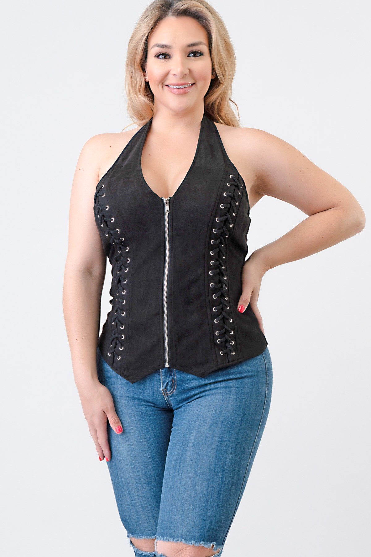 Black Suede Zip Halter Top - PLUS