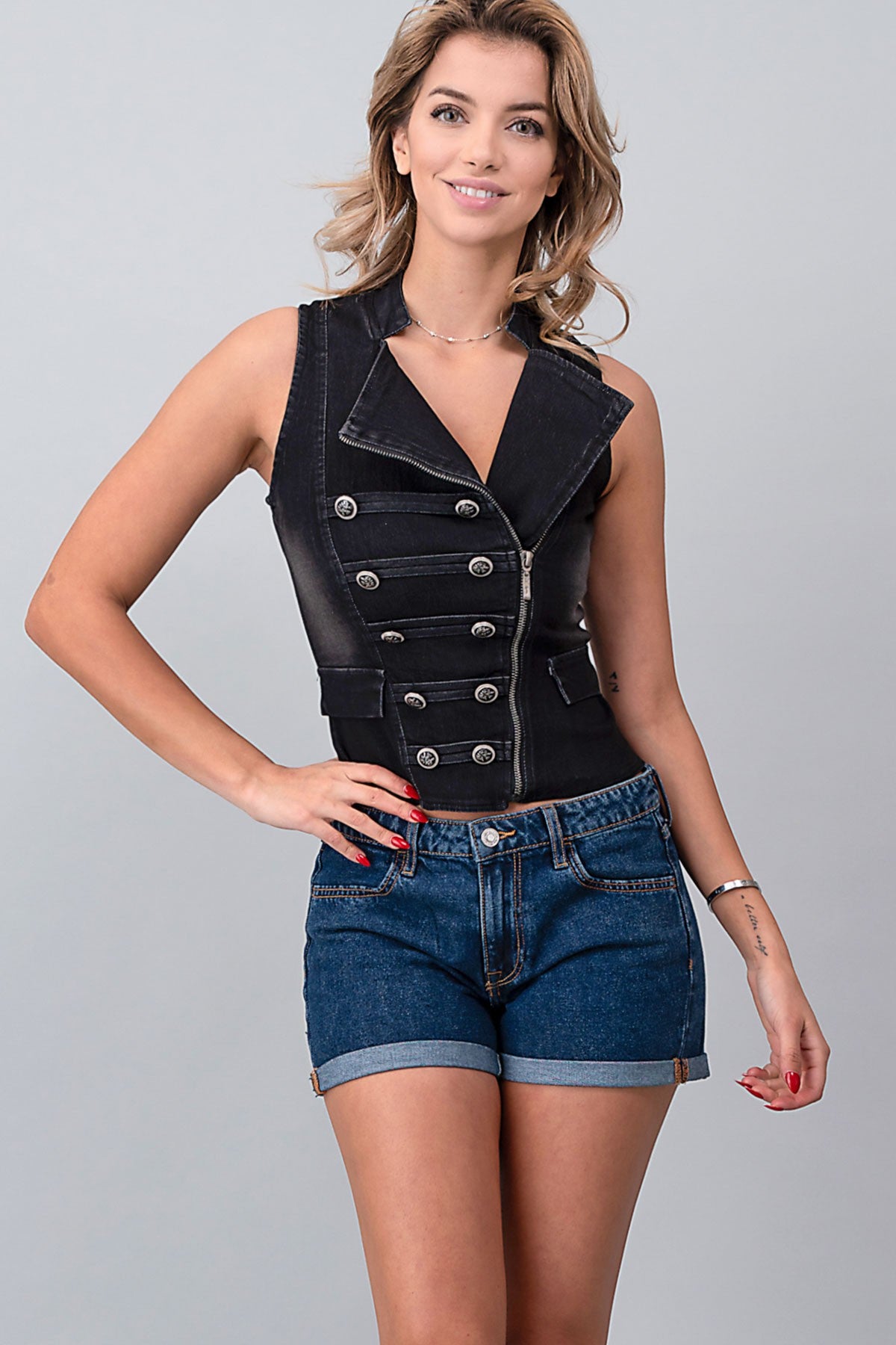 Denim Oblique Cut Vest/Tank- Black 