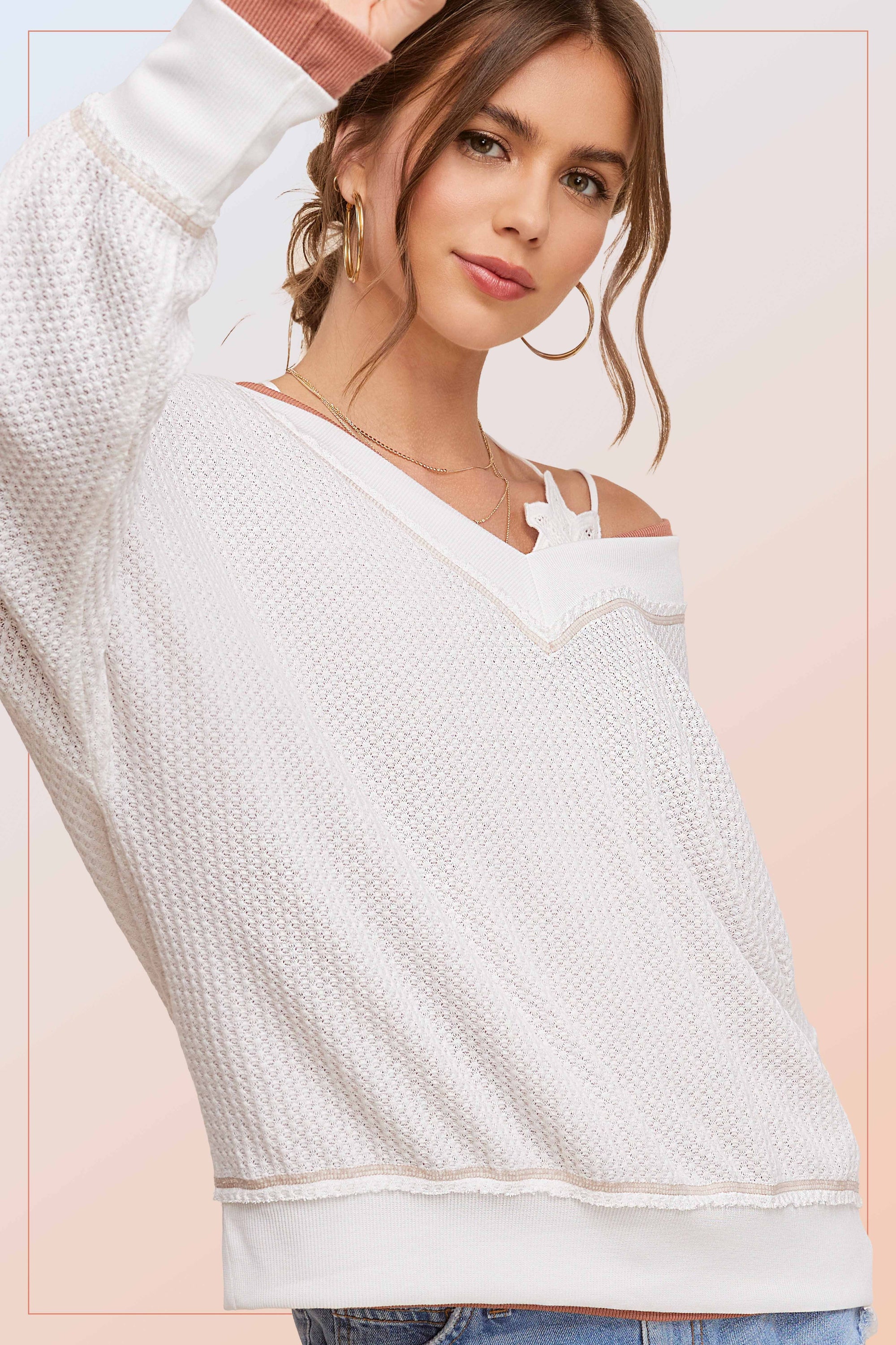 V-Neck Waffle Sweater-White- 
