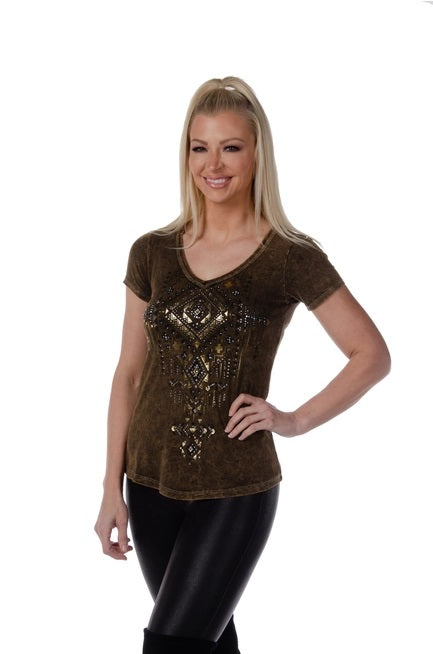 Short Sleeve- Brown- Gold Embellished- 