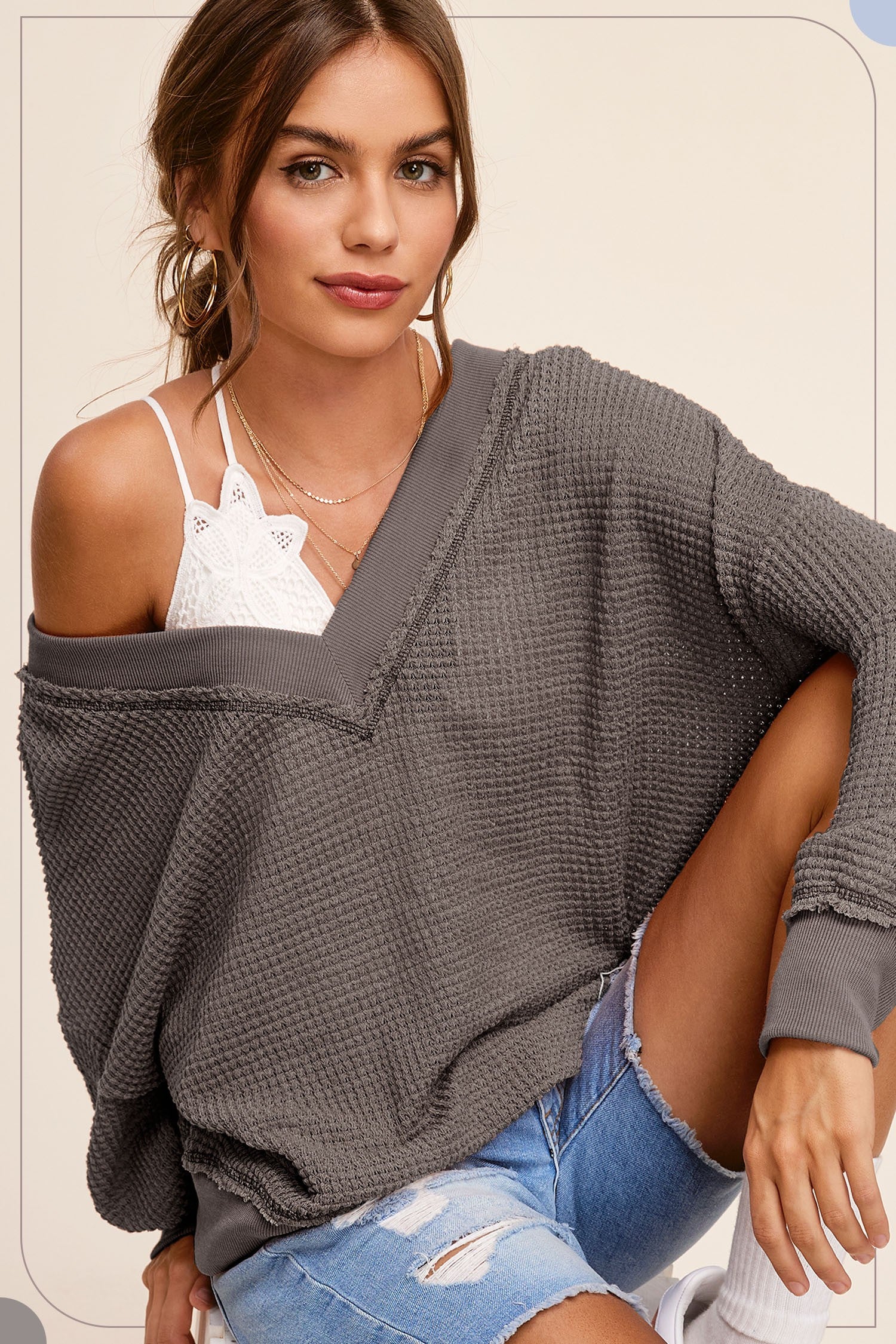 V-Neck Waffle Sweater- Charcoal- 