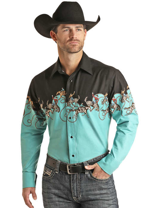 Border Bronc Rider Pearl Snap- Black/Turq- 