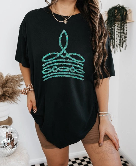 Turquoise Boot Stitch- Graphic Tee- Black- 