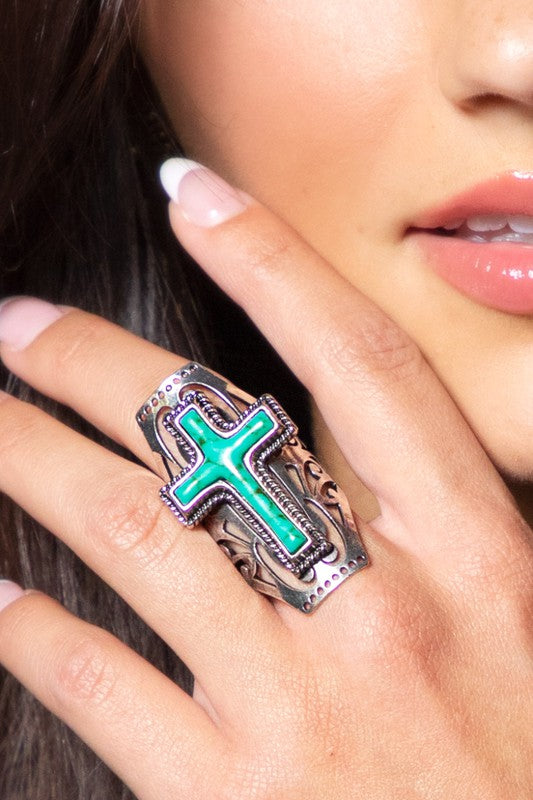 Turquoise Cross Extra Long Cuff Ring