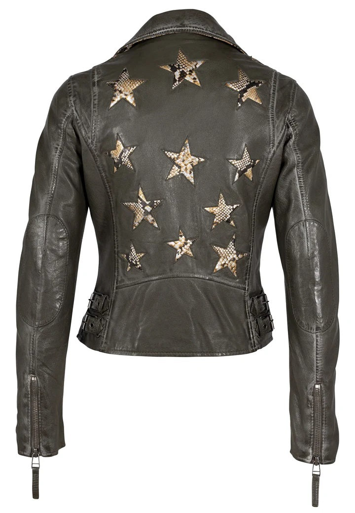 Christy Leather Jacket- Reg Fit- Olive Snake- 