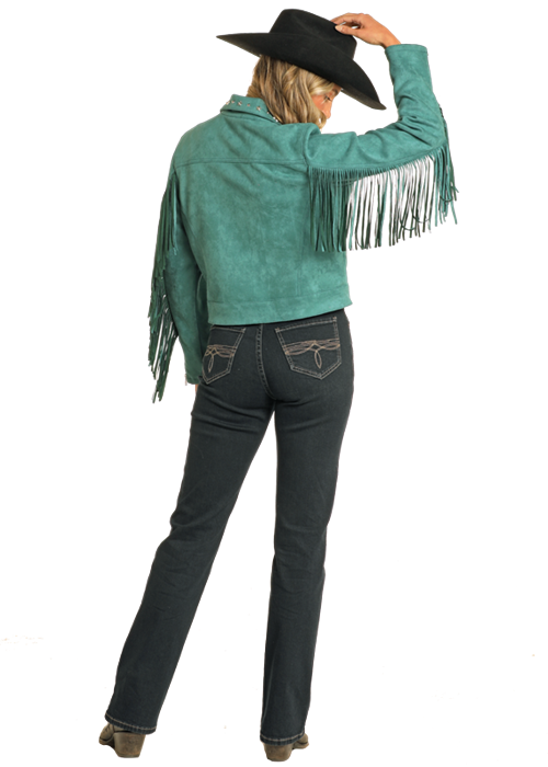 Suede Moto Jacket with Fringe- Teal- BW92C04462