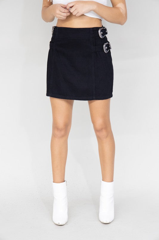 Western Vibe Denim Skirt with Buckles