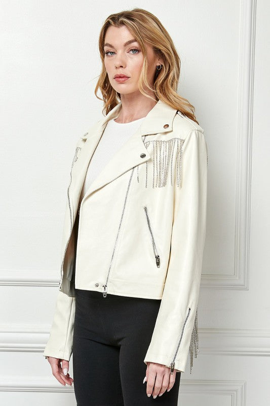 Rhinestone Fringe White Vegan Leather Jacket 