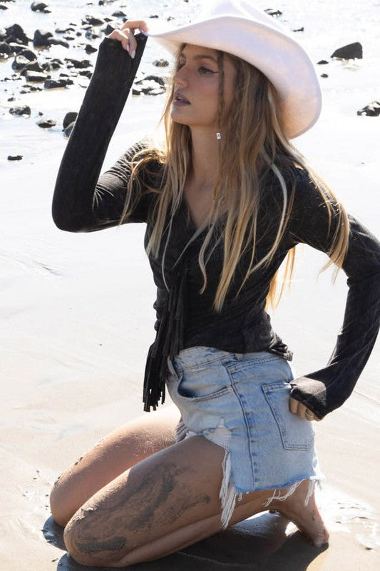 Mineral Dye Top with Fringe Front 
