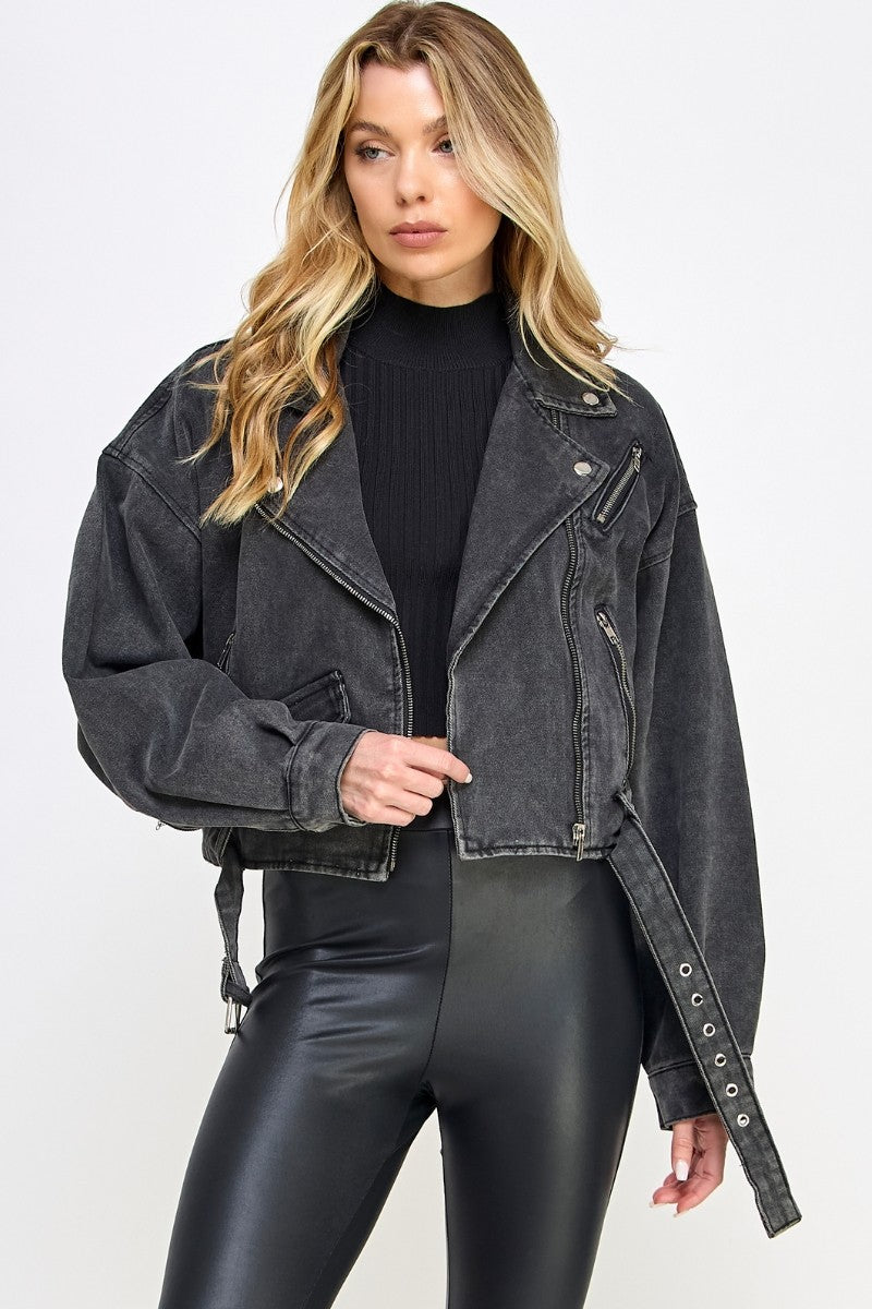 Black Denim Biker Jacket- VJ71810