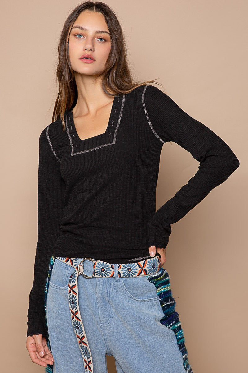 Ribbed Square Neck Long Sleeve with Contrast Stitch- Black- 