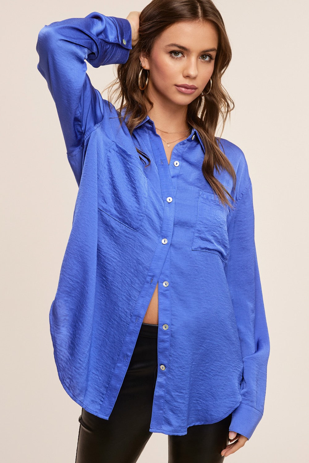 Hazel Button Down Silky Shirt- Royal Blue- 