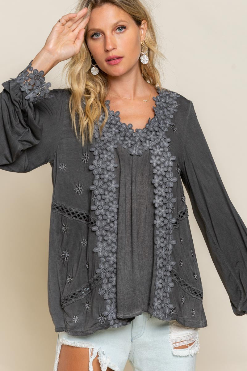 Washed Floral Lace Tunic Top- Black