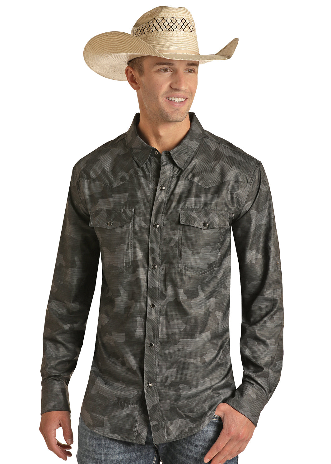 TekWestern Grey Camo Long Sleeve Snap 