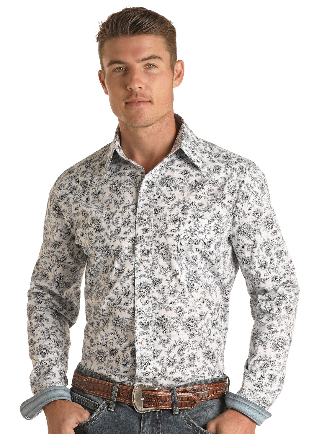 White and Black Paisley Print Pearl Snap 