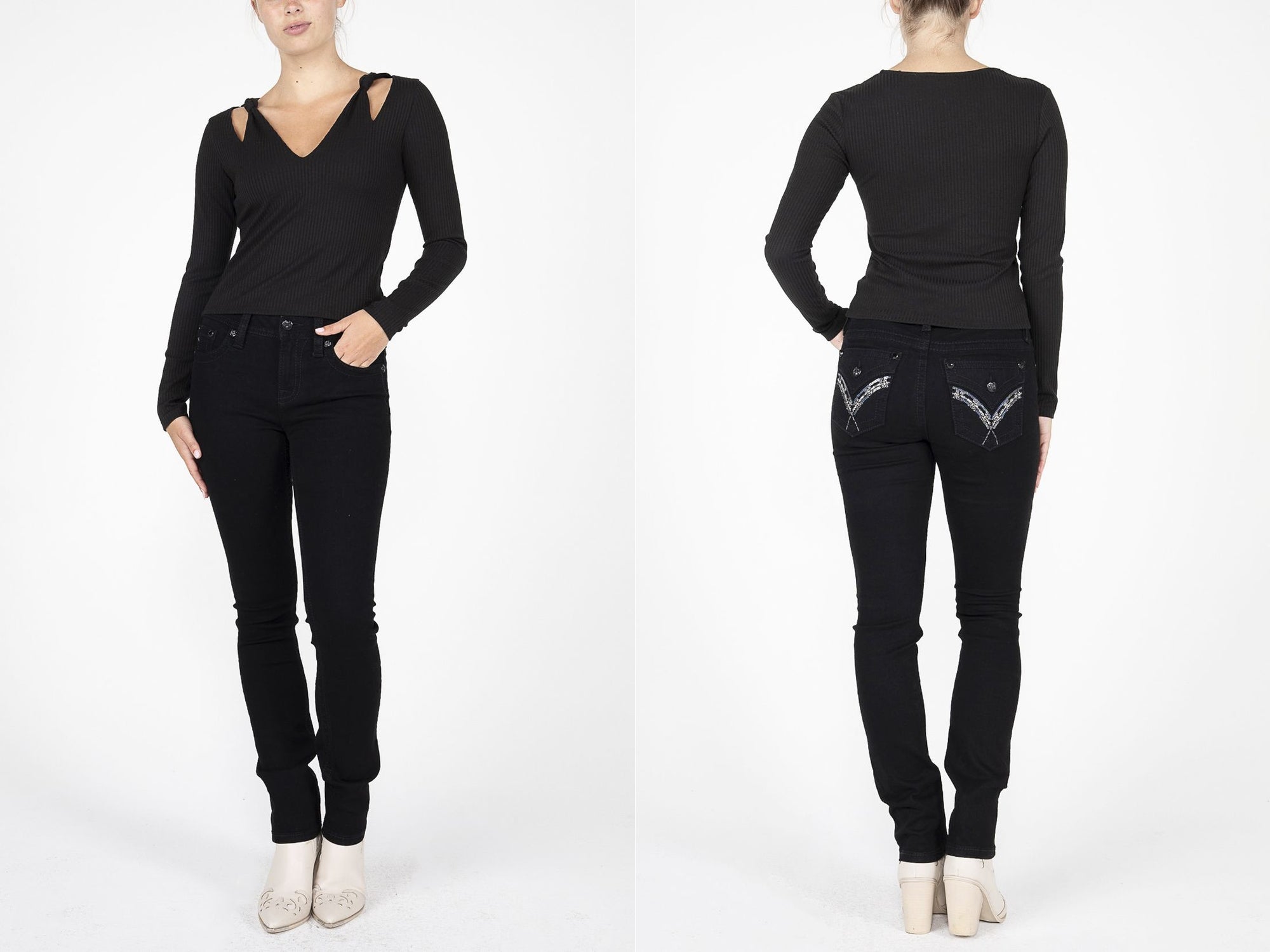 V-Neck Knot Tie Top- Black- 