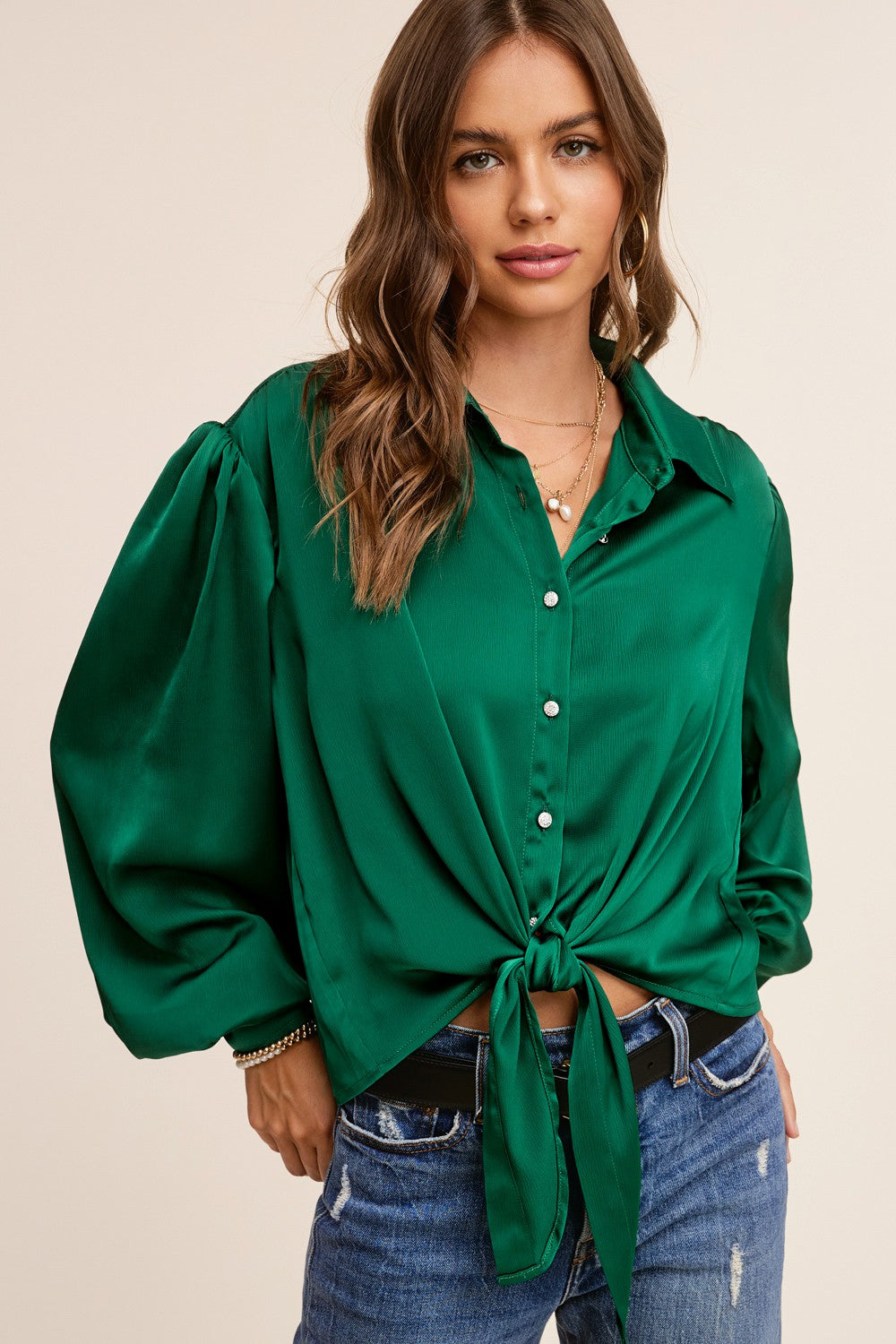 Marci Tie Front Button Down- Emerald- 