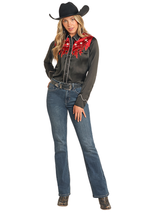 Retro Silk Shirt with Flames- Black- BWN2S04475