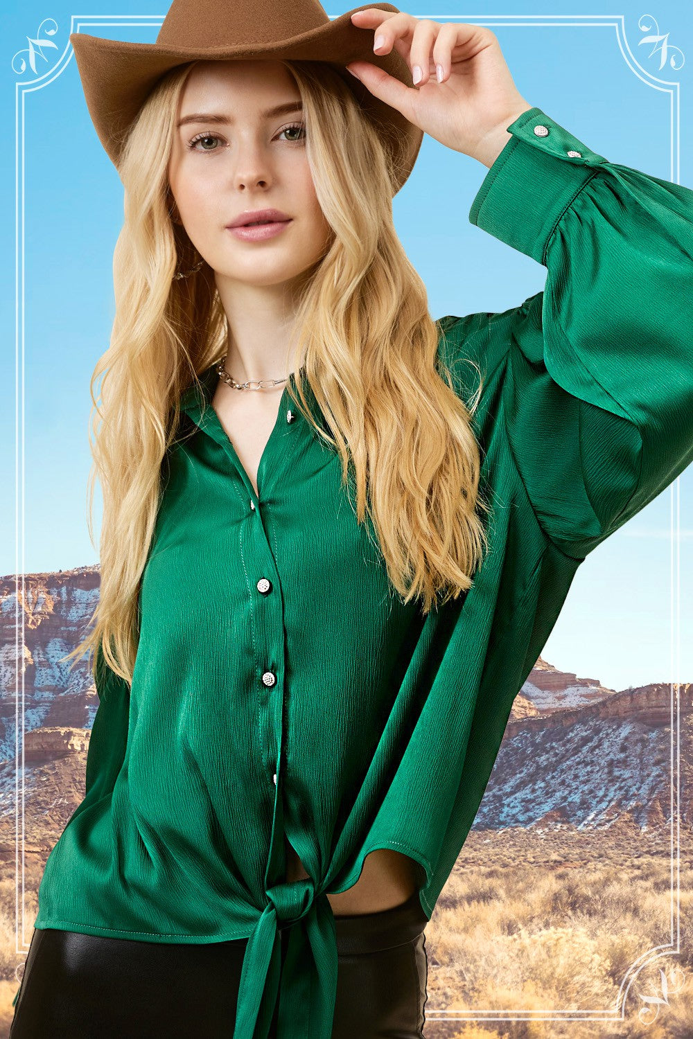 Marci Tie Front Button Down- Emerald- 