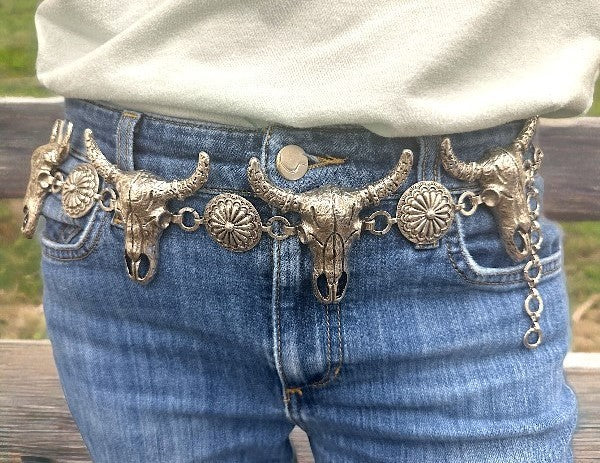 Western Steer Head Concho Belt- Silver-