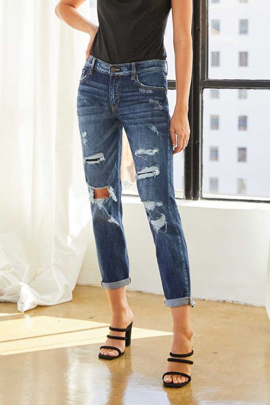 Mid-Rise Distressed Dark Wash Boyfriend Fit with Cuffed Bottom