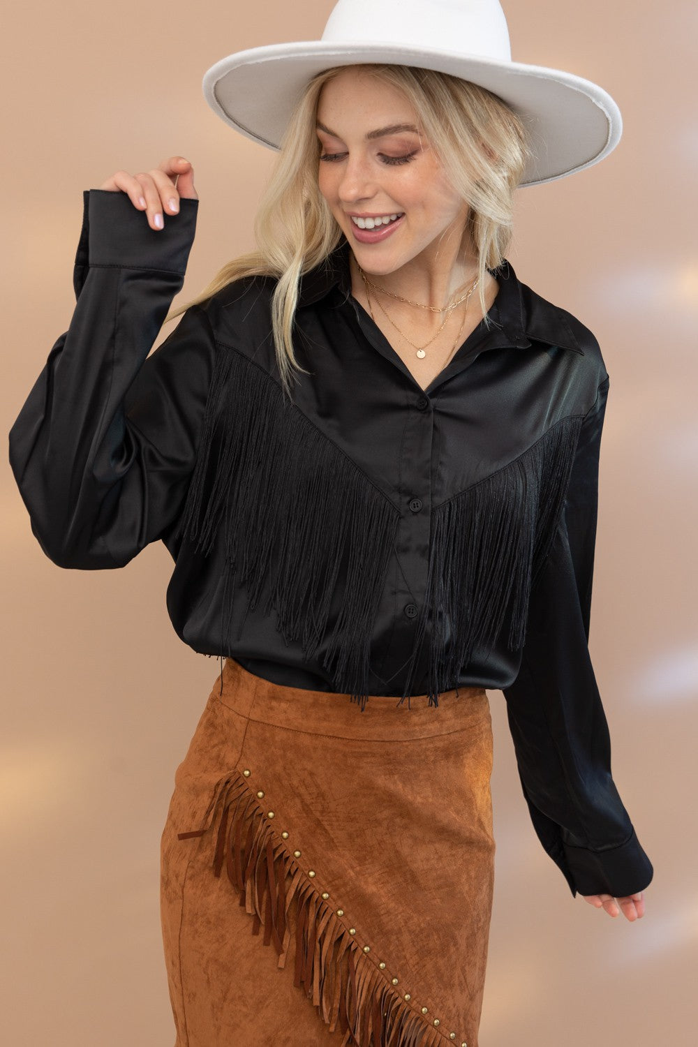 Black Satin Fringe Button Up 