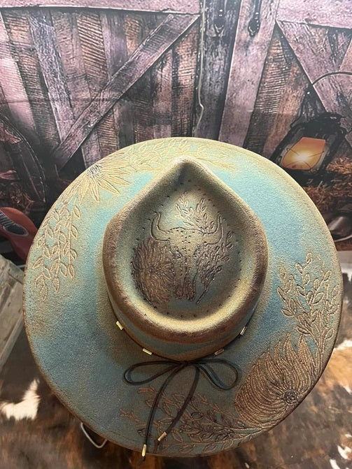 Custom Artist Burned Hat- Teal Rodeo Flowers