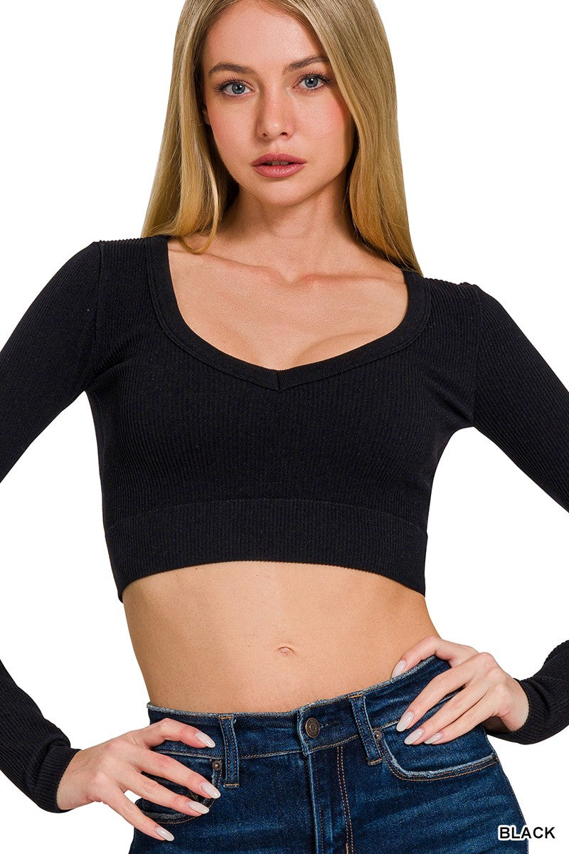 Long Sleeve VNeck Crop Top- NT-6358- Black 