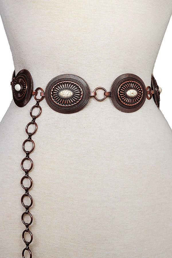 Oval Etched Concho Belt- Copper/White- S/M