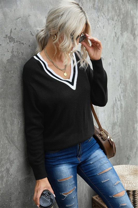 Black V-Neck Simple Sweater 