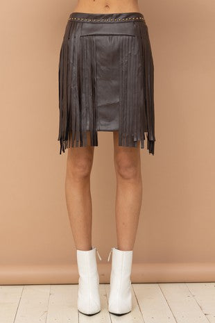Faux Leather Studded Fringe Skirt - White Sand 