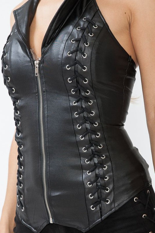 Pleather Folded Neck Halter Top 