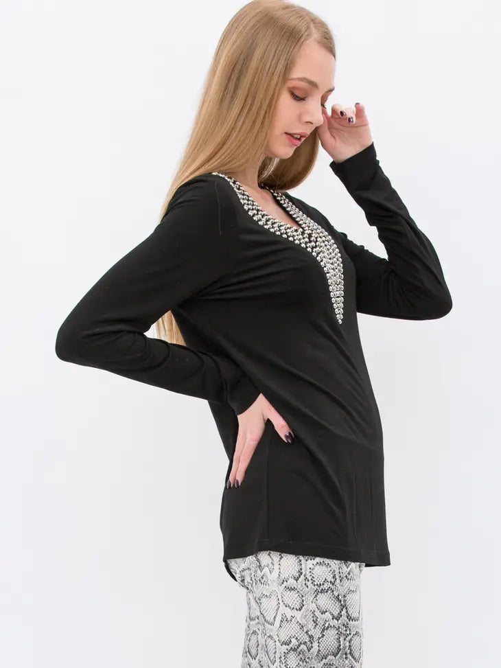 Bejeweled V-Neck Long Sleeve - Black 