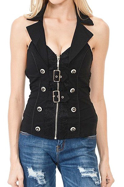 Zip Halter with Lace Detail 
