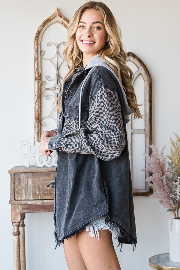 Checkered Hooded Shacket- MJ1065 - Black 