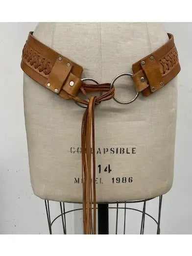 Handmade Fringe Tie Leather Accent Belt- B410- Brown