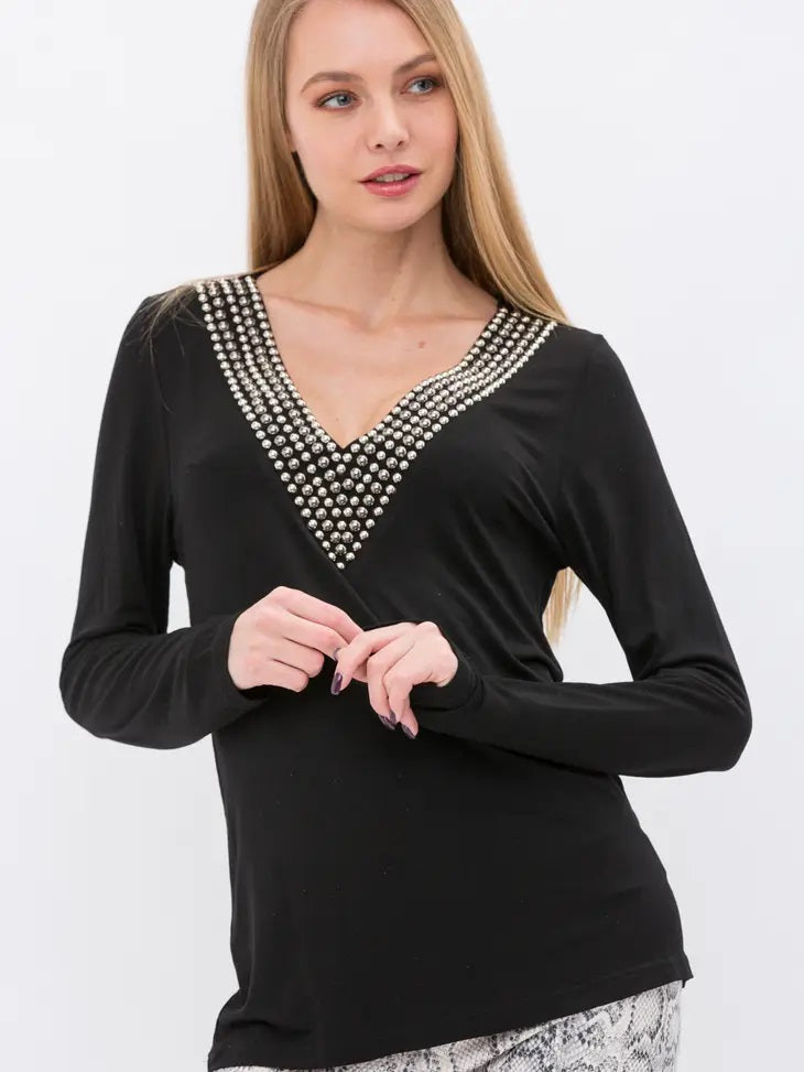Bejeweled V-Neck Long Sleeve - Black 